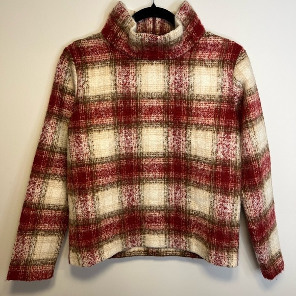 Just Female Plaid Wood Blouse Wool Blend Mock Neck - Picture 4 of 11